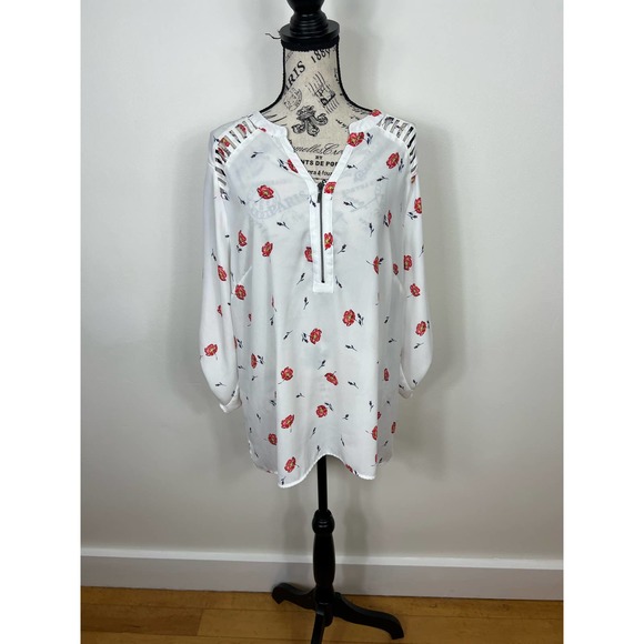 Maurices Tops - Maurices Semi Sheer white and red floral long sleeve V-neck Blouse